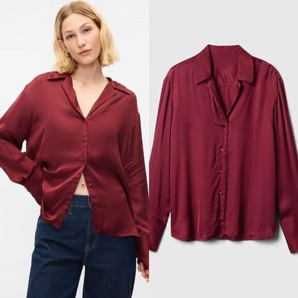 GAP Relaxed Satin Shirt in Red Delicious, Size L - Picture 1 of 11
